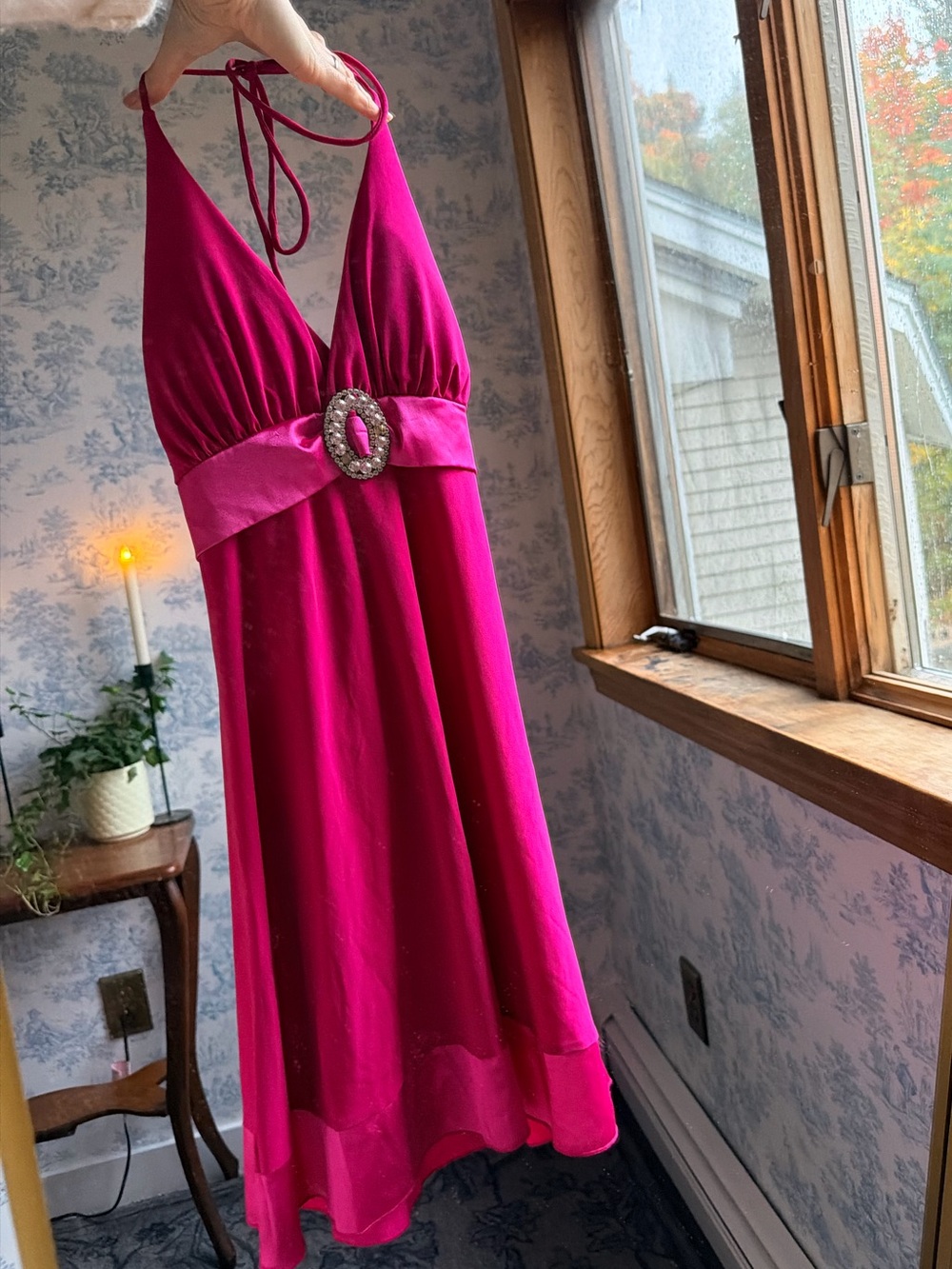 Taboo Fuchsia Halter y2k satin jewel bust dress